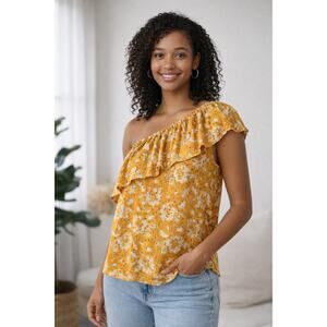 Madewell Assam Silk One-Shoulder Ruffle Yellow Floral Blouse Size Large